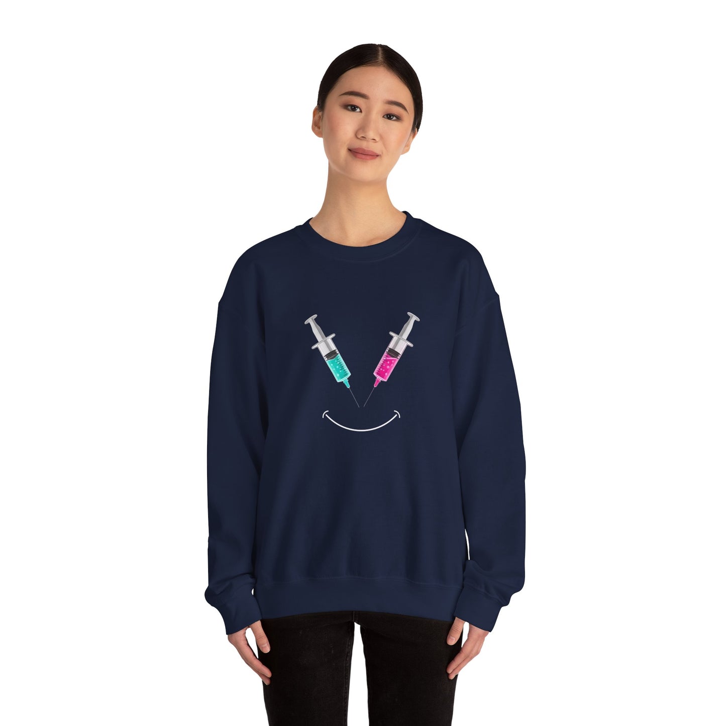 Syringe Smile Crewneck Nurse Sweatshirt - Cute Neon Vaccine Needle Design
