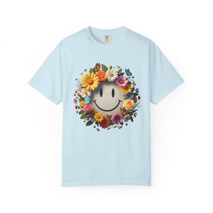 Smiley Flower Wreath T-Shirt — Floral Happy Face Graphic Tee
