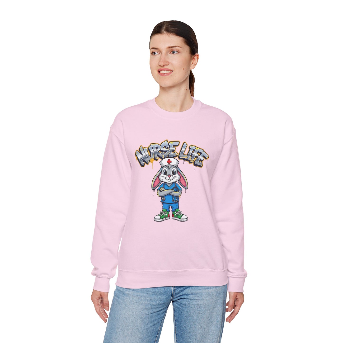 Crewneck Sweatshirt — "Nurse Life" Cute Bunny Nurse Graphic