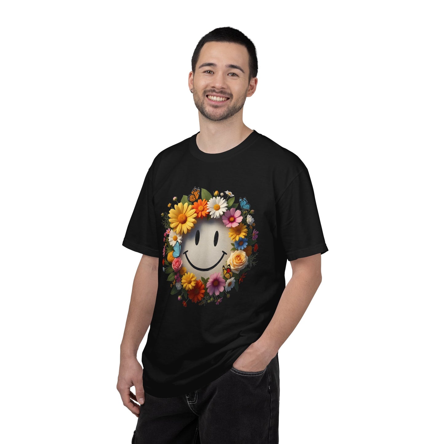 Smiley Flower Wreath T-Shirt — Floral Happy Face Graphic Tee