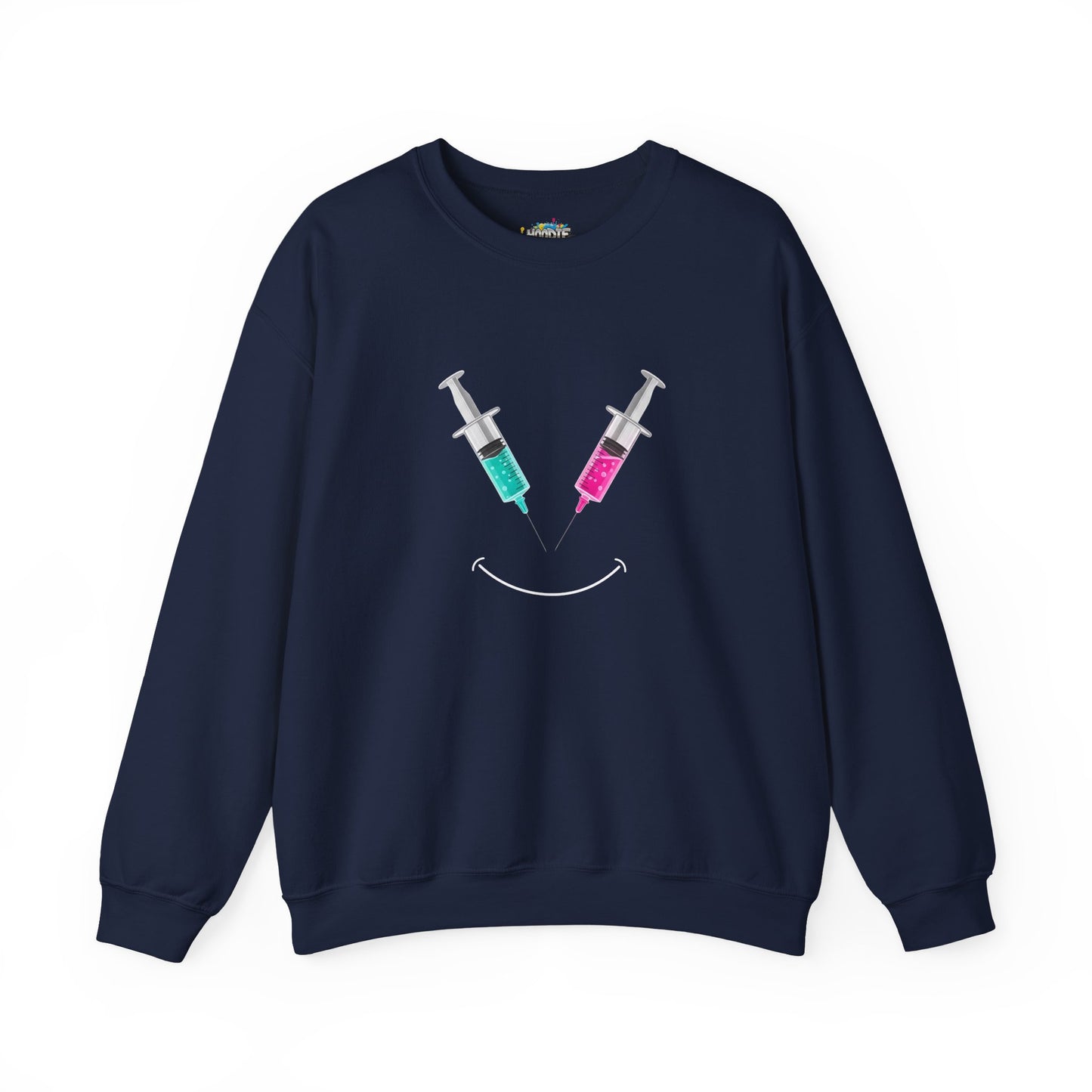 Syringe Smile Crewneck Nurse Sweatshirt - Cute Neon Vaccine Needle Design