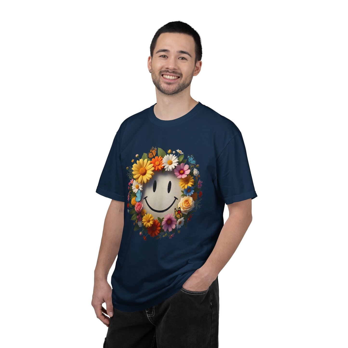 Smiley Flower Wreath T-Shirt — Floral Happy Face Graphic Tee