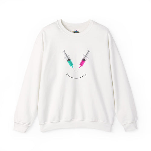 Syringe Smile Crewneck Nurse Sweatshirt - Cute Neon Vaccine Needle Design