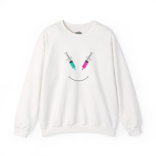 Syringe Smile Crewneck Nurse Sweatshirt - Cute Neon Vaccine Needle Design