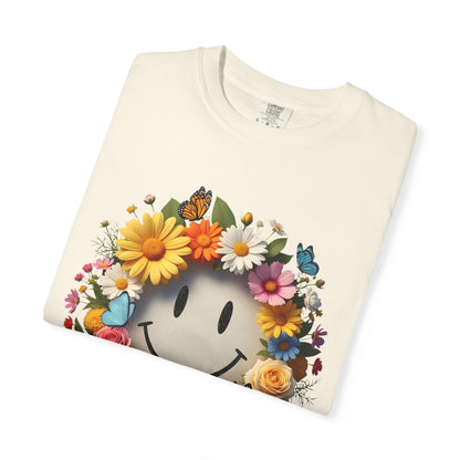 Smiley Flower Wreath T-Shirt — Floral Happy Face Graphic Tee