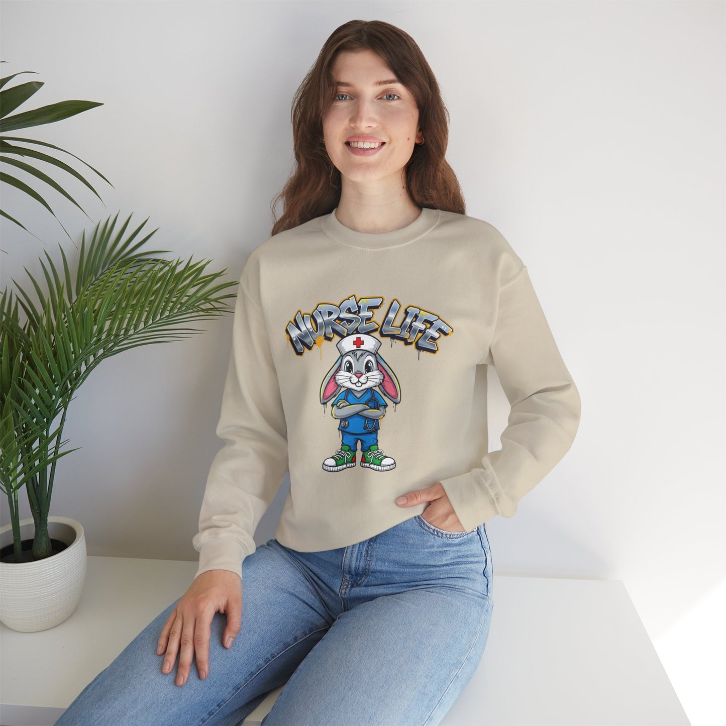 Crewneck Sweatshirt — "Nurse Life" Cute Bunny Nurse Graphic