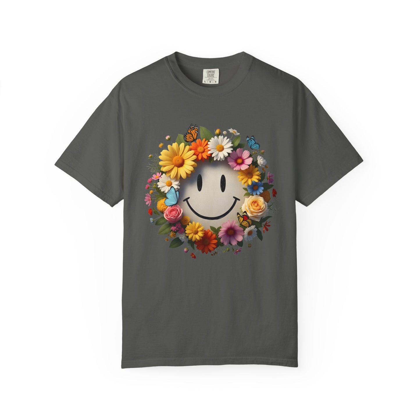 Smiley Flower Wreath T-Shirt — Floral Happy Face Graphic Tee