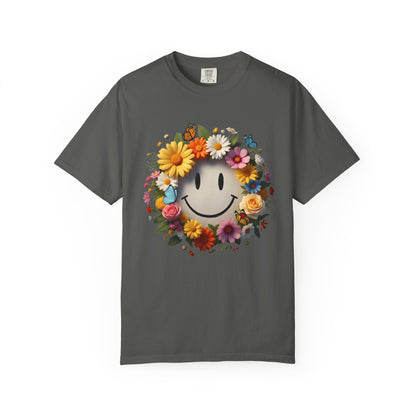 Smiley Flower Wreath T-Shirt — Floral Happy Face Graphic Tee