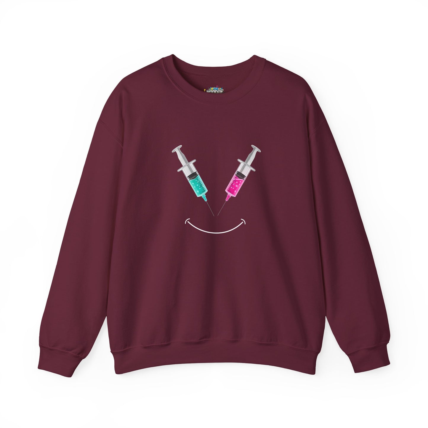 Syringe Smile Crewneck Nurse Sweatshirt - Cute Neon Vaccine Needle Design