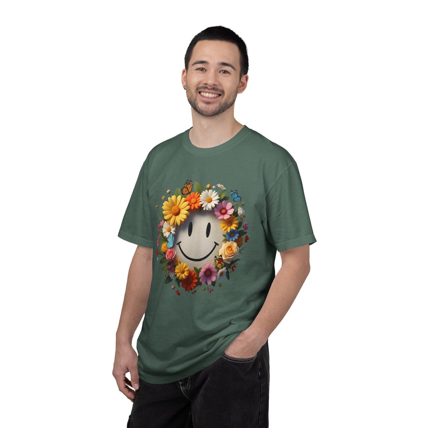 Smiley Flower Wreath T-Shirt — Floral Happy Face Graphic Tee