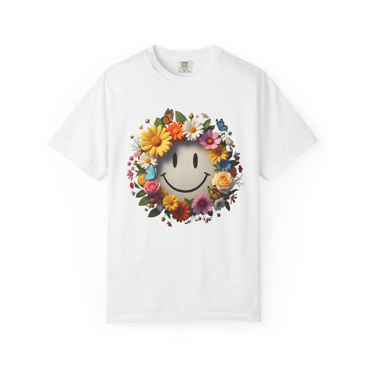Smiley Flower Wreath T-Shirt — Floral Happy Face Graphic Tee