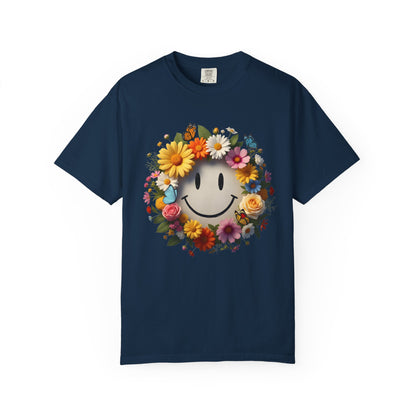 Smiley Flower Wreath T-Shirt — Floral Happy Face Graphic Tee