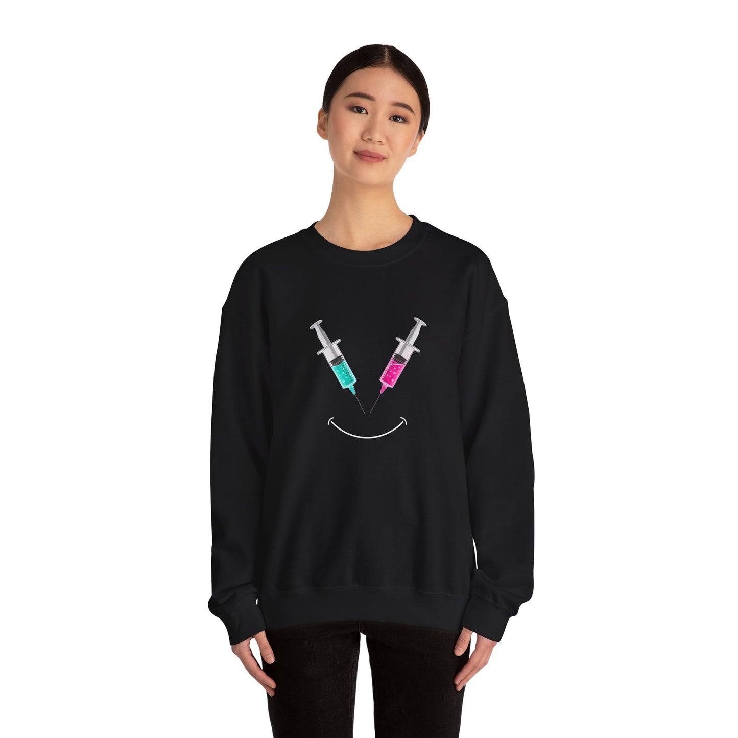 Syringe Smile Crewneck Nurse Sweatshirt - Cute Neon Vaccine Needle Design