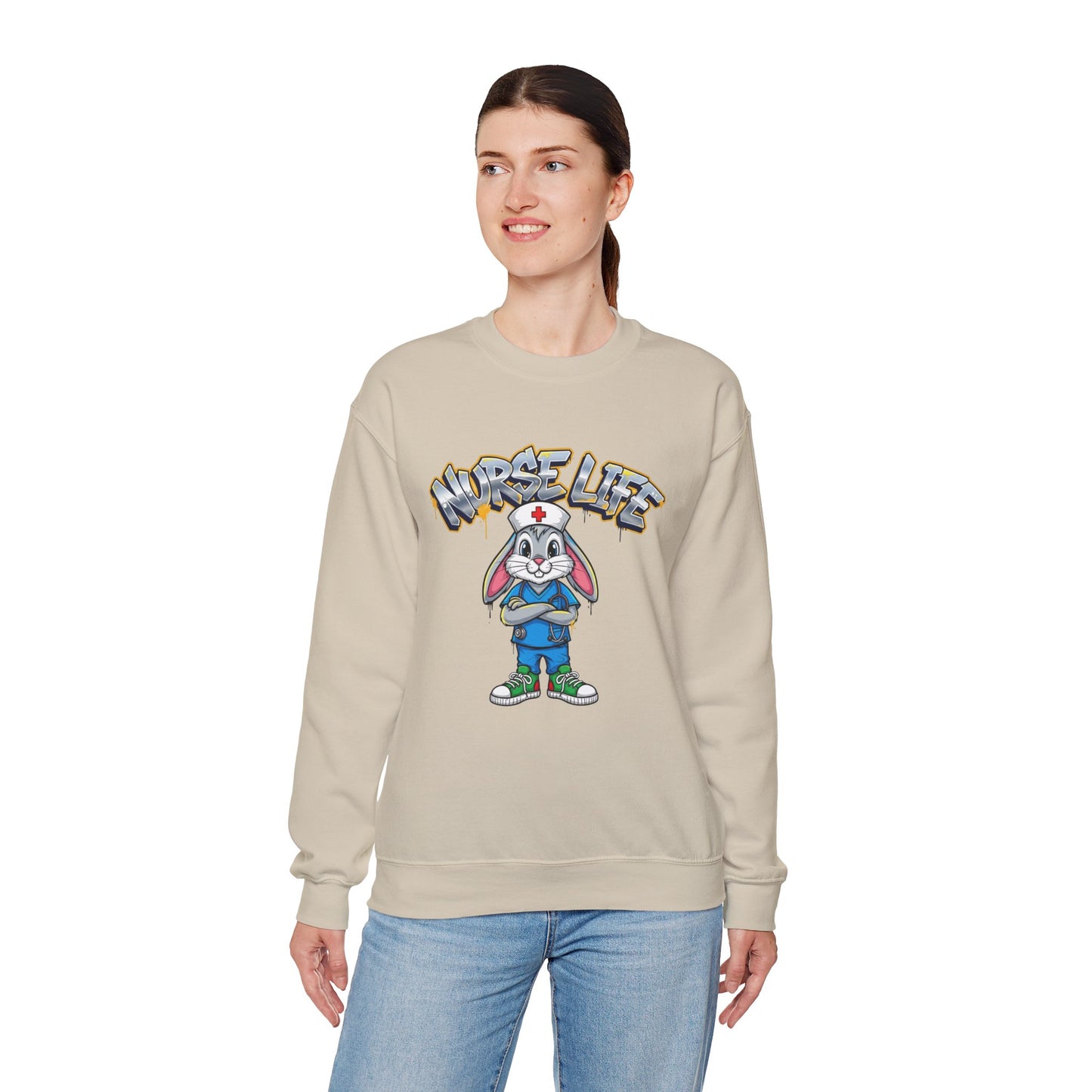 Crewneck Sweatshirt — "Nurse Life" Cute Bunny Nurse Graphic