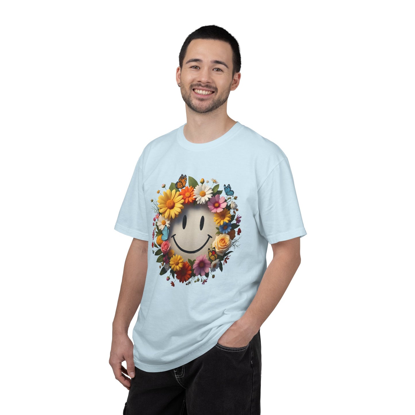 Smiley Flower Wreath T-Shirt — Floral Happy Face Graphic Tee