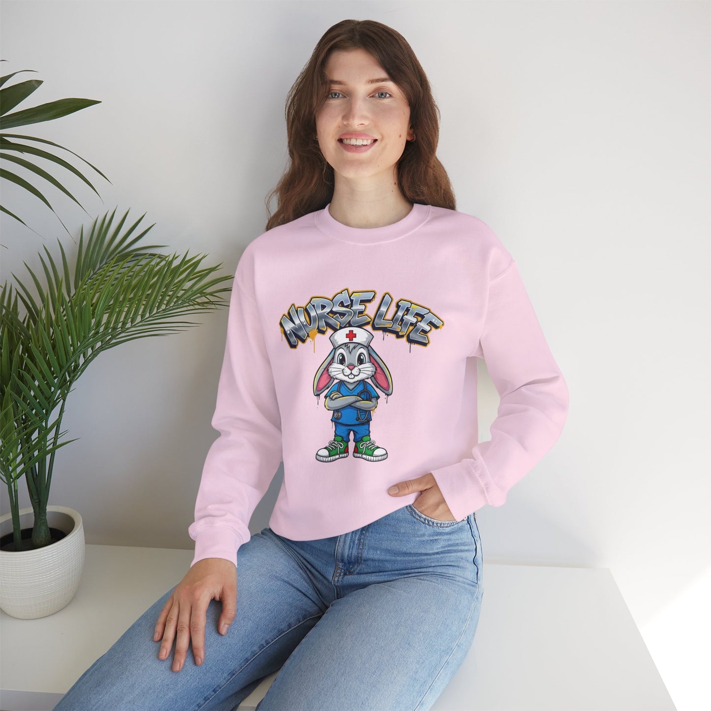Crewneck Sweatshirt — "Nurse Life" Cute Bunny Nurse Graphic
