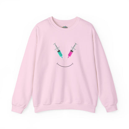 Syringe Smile Crewneck Nurse Sweatshirt - Cute Neon Vaccine Needle Design