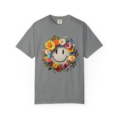 Smiley Flower Wreath T-Shirt — Floral Happy Face Graphic Tee