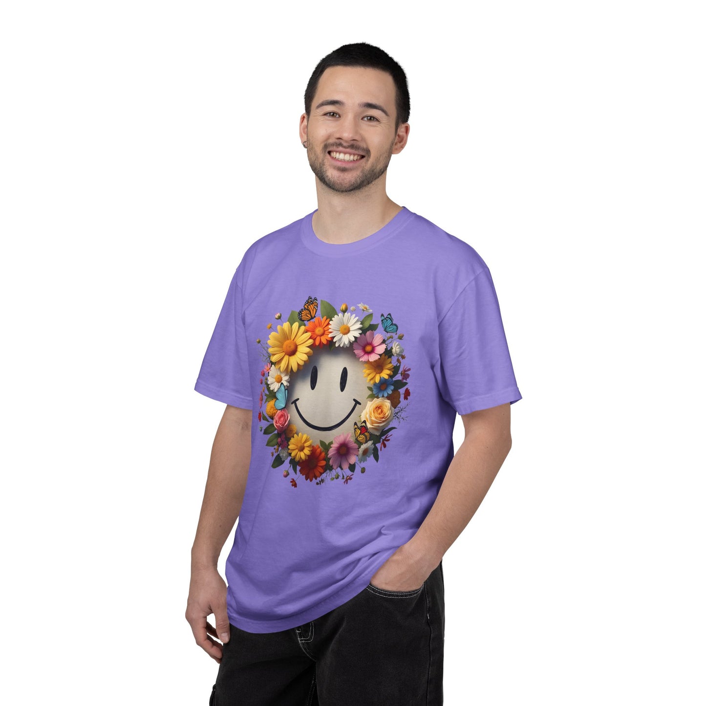 Smiley Flower Wreath T-Shirt — Floral Happy Face Graphic Tee