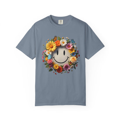 Smiley Flower Wreath T-Shirt — Floral Happy Face Graphic Tee