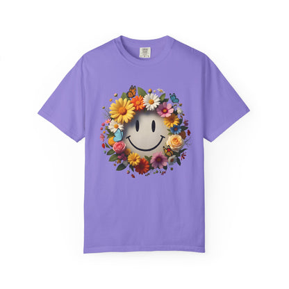 Smiley Flower Wreath T-Shirt — Floral Happy Face Graphic Tee