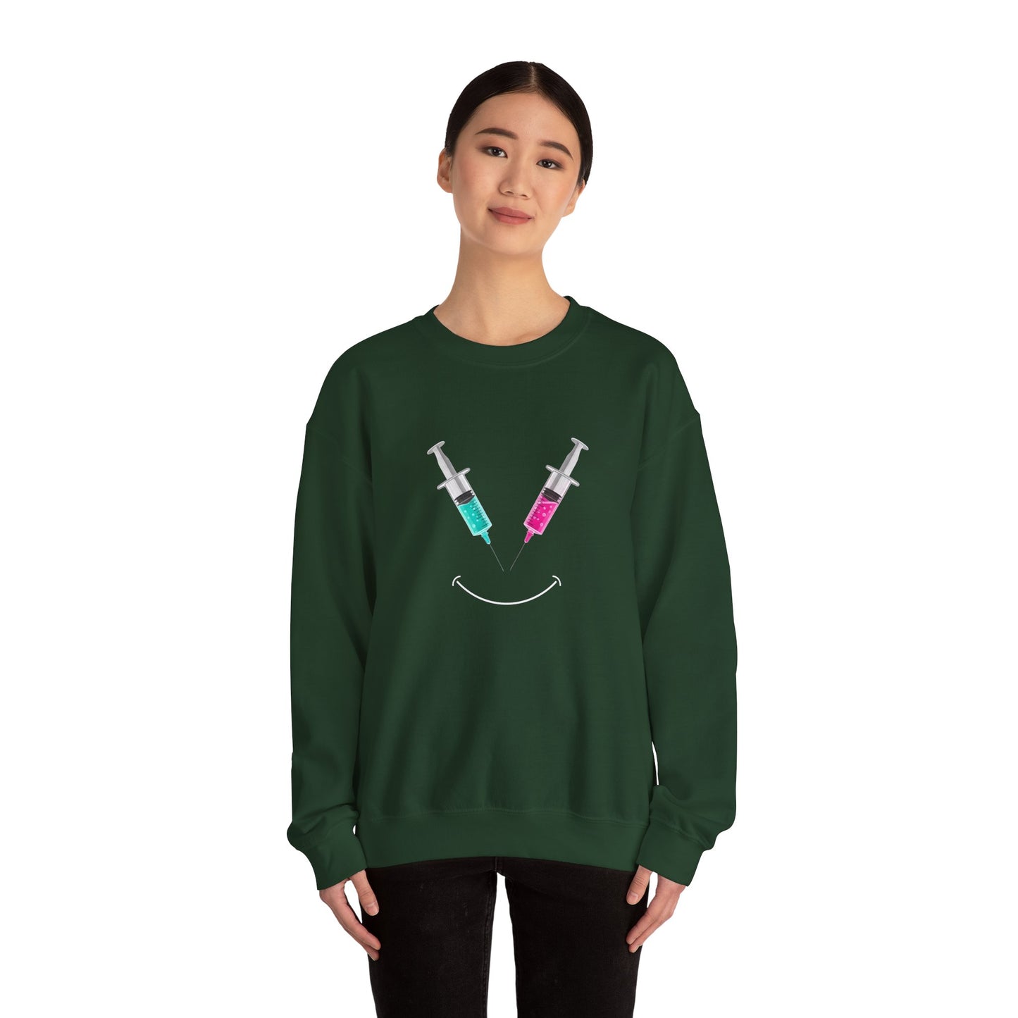 Syringe Smile Crewneck Nurse Sweatshirt - Cute Neon Vaccine Needle Design