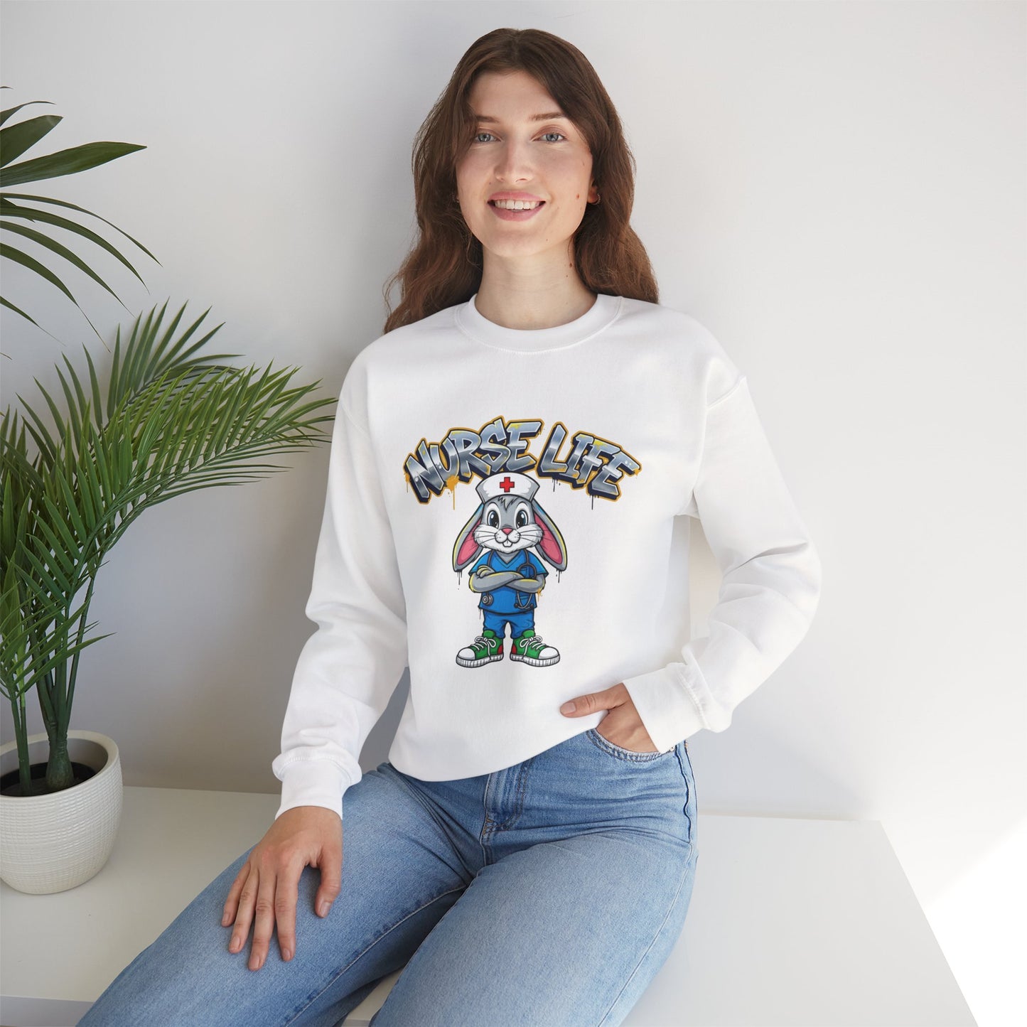 Crewneck Sweatshirt — "Nurse Life" Cute Bunny Nurse Graphic
