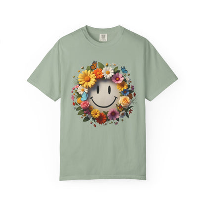 Smiley Flower Wreath T-Shirt — Floral Happy Face Graphic Tee