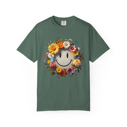 Smiley Flower Wreath T-Shirt — Floral Happy Face Graphic Tee