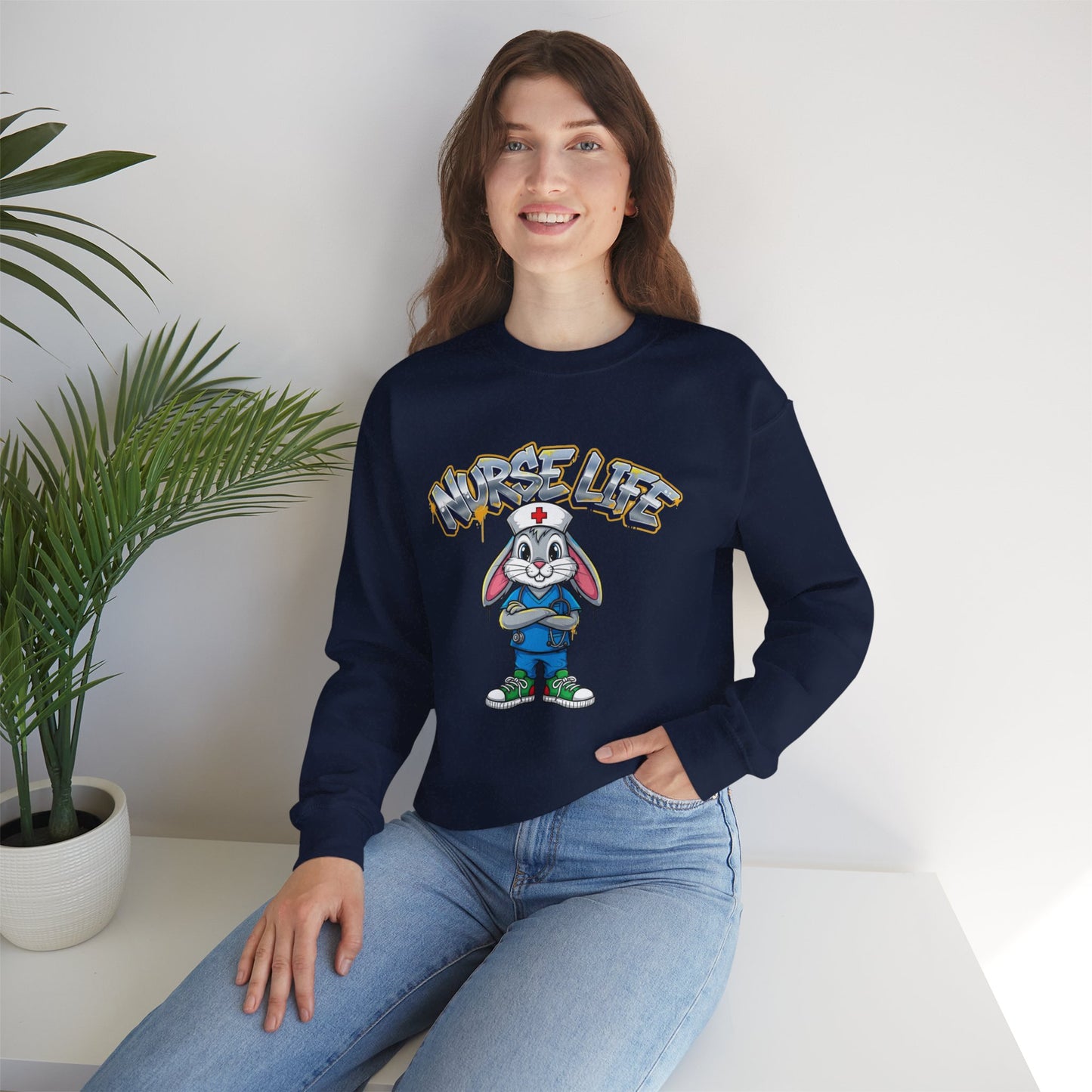 Crewneck Sweatshirt — "Nurse Life" Cute Bunny Nurse Graphic