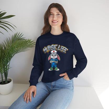 Crewneck Sweatshirt — "Nurse Life" Cute Bunny Nurse Graphic