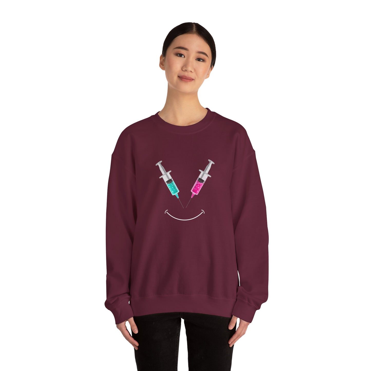 Syringe Smile Crewneck Nurse Sweatshirt - Cute Neon Vaccine Needle Design