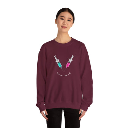 Syringe Smile Crewneck Nurse Sweatshirt - Cute Neon Vaccine Needle Design