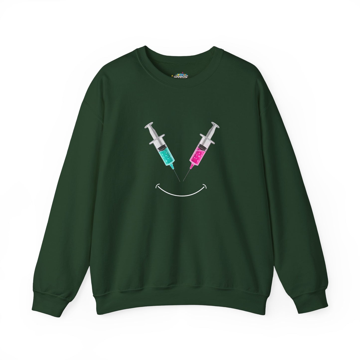 Syringe Smile Crewneck Nurse Sweatshirt - Cute Neon Vaccine Needle Design