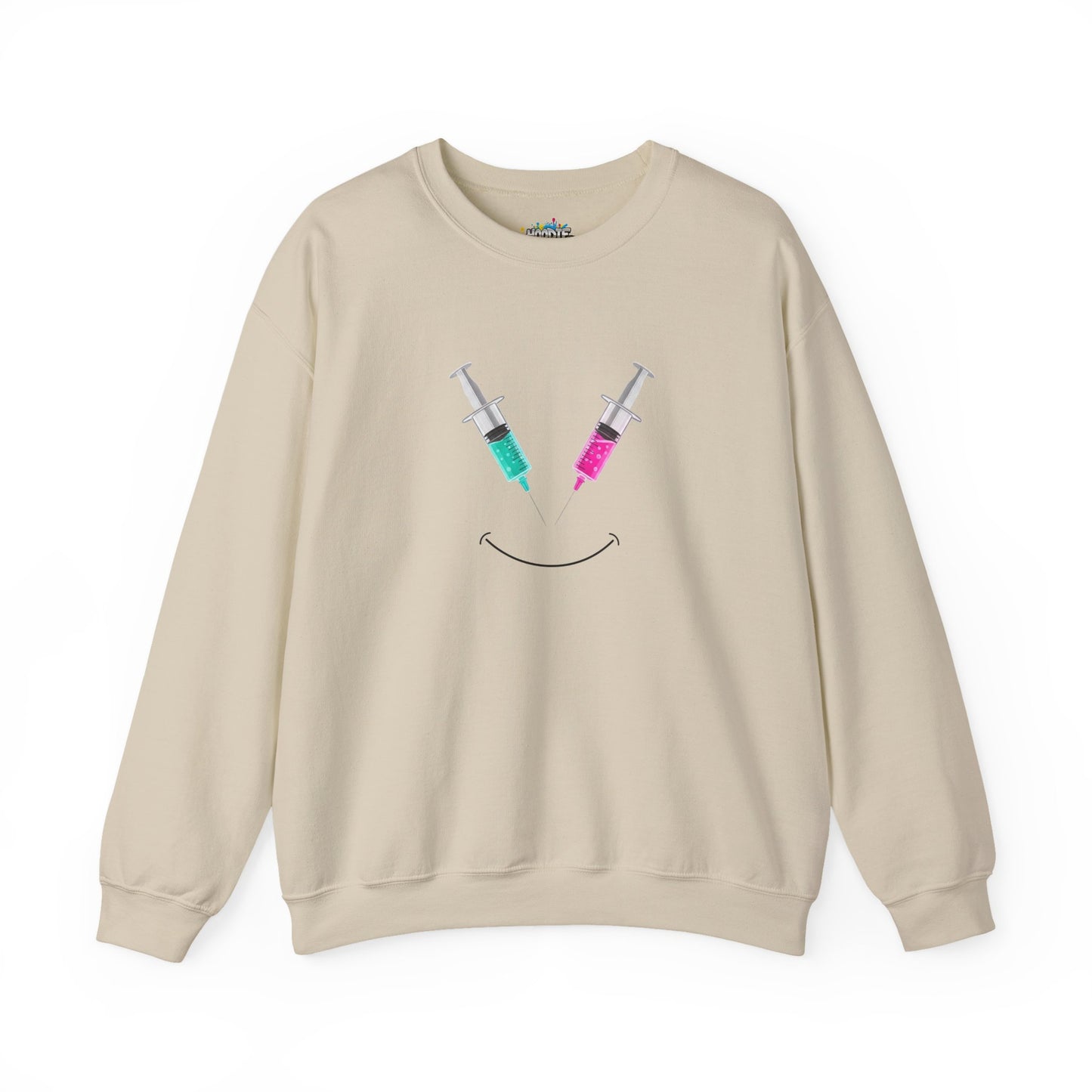 Syringe Smile Crewneck Nurse Sweatshirt - Cute Neon Vaccine Needle Design