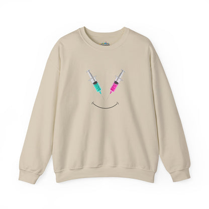 Syringe Smile Crewneck Nurse Sweatshirt - Cute Neon Vaccine Needle Design