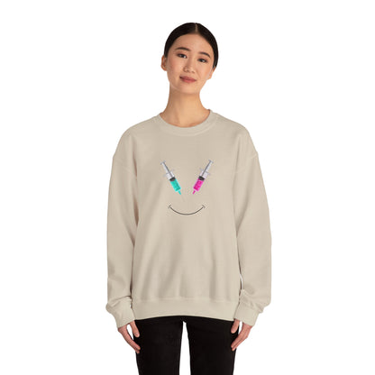 Syringe Smile Crewneck Nurse Sweatshirt - Cute Neon Vaccine Needle Design