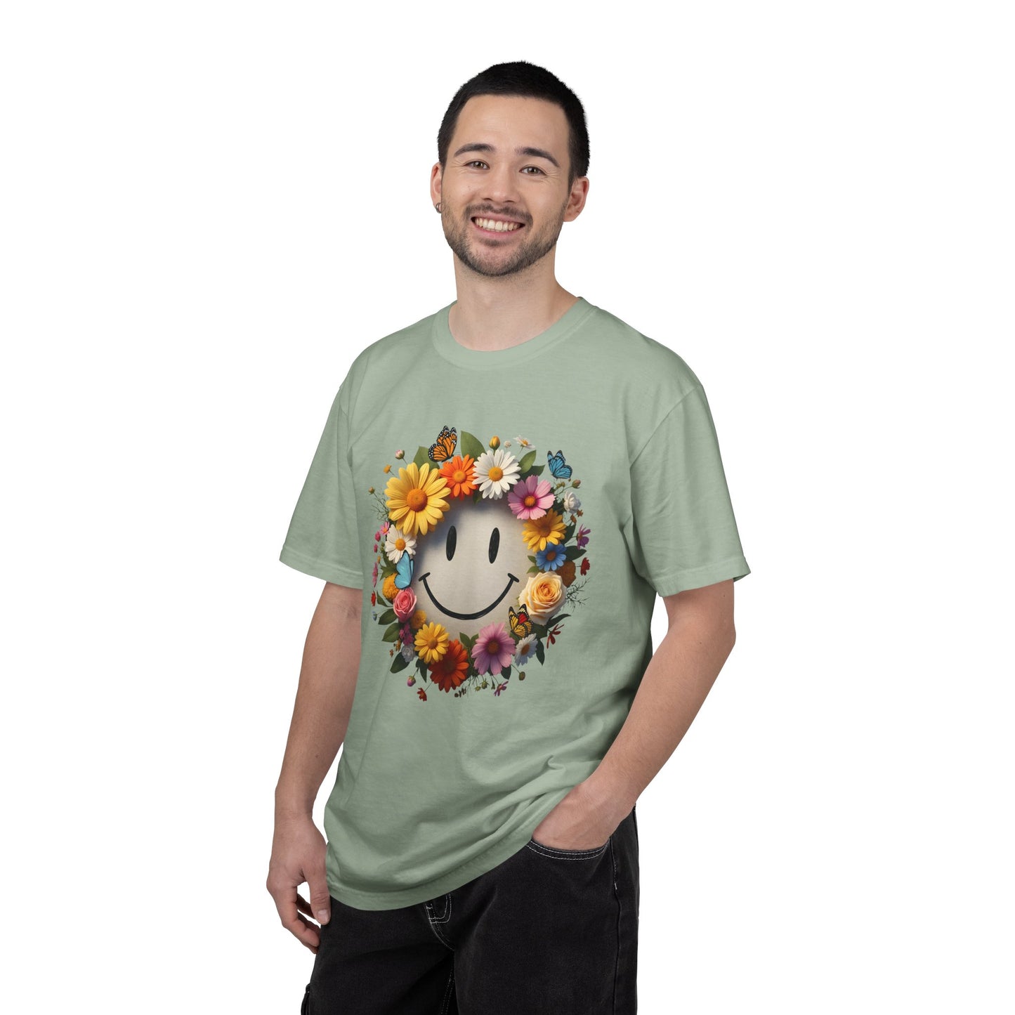 Smiley Flower Wreath T-Shirt — Floral Happy Face Graphic Tee