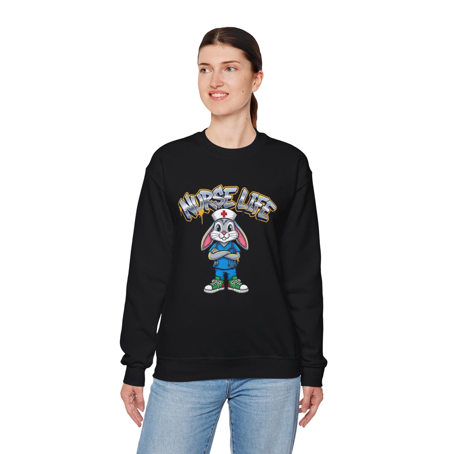 Crewneck Sweatshirt — "Nurse Life" Cute Bunny Nurse Graphic