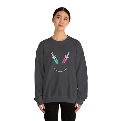 Syringe Smile Crewneck Nurse Sweatshirt - Cute Neon Vaccine Needle Design