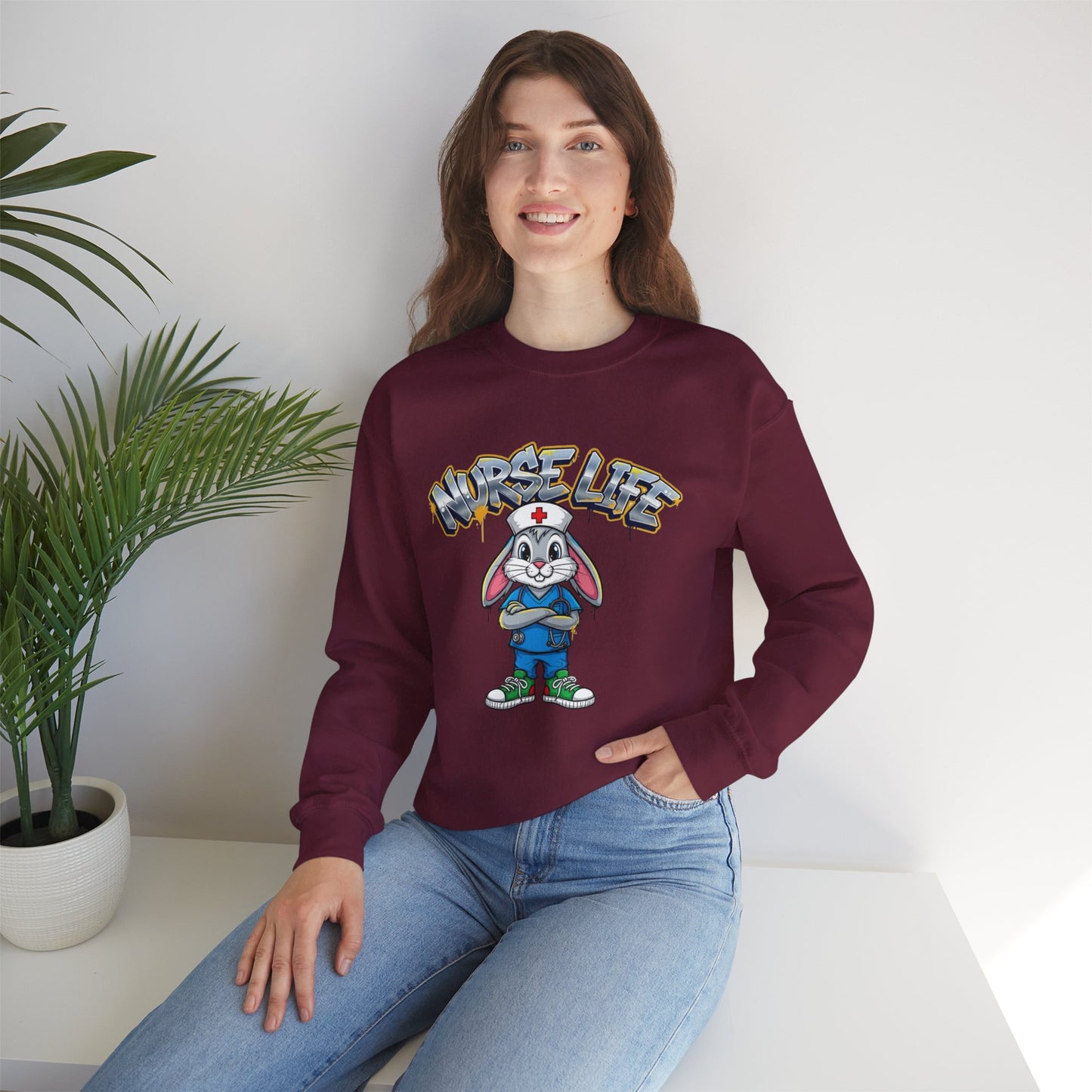 Crewneck Sweatshirt — "Nurse Life" Cute Bunny Nurse Graphic