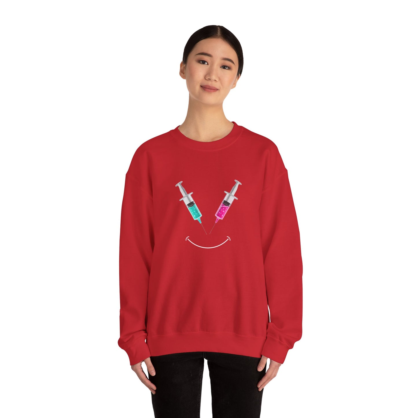 Syringe Smile Crewneck Nurse Sweatshirt - Cute Neon Vaccine Needle Design
