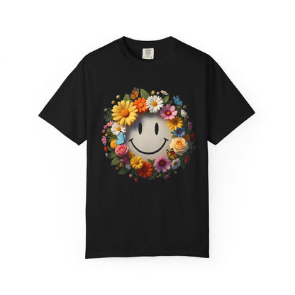 Smiley Flower Wreath T-Shirt — Floral Happy Face Graphic Tee