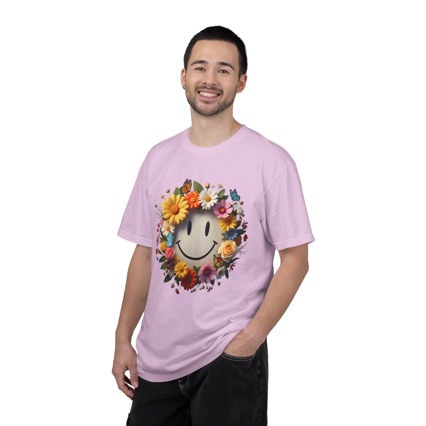 Smiley Flower Wreath T-Shirt — Floral Happy Face Graphic Tee