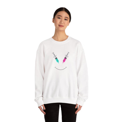 Syringe Smile Crewneck Nurse Sweatshirt - Cute Neon Vaccine Needle Design