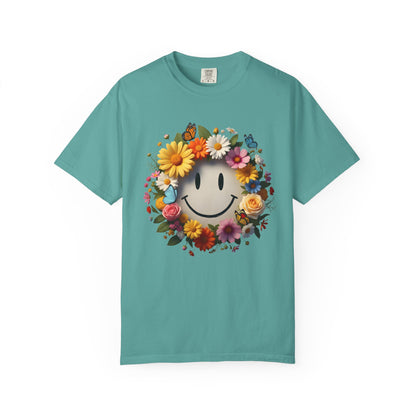 Smiley Flower Wreath T-Shirt — Floral Happy Face Graphic Tee