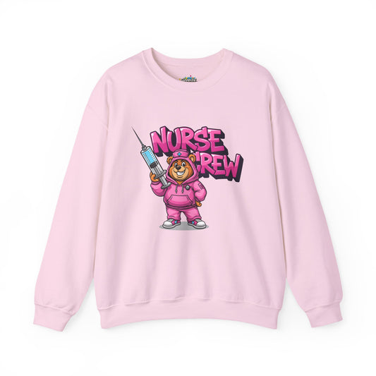 Nurse Crew Crewneck Sweatshirt — Funny Pink Nurse Bear with Syringe