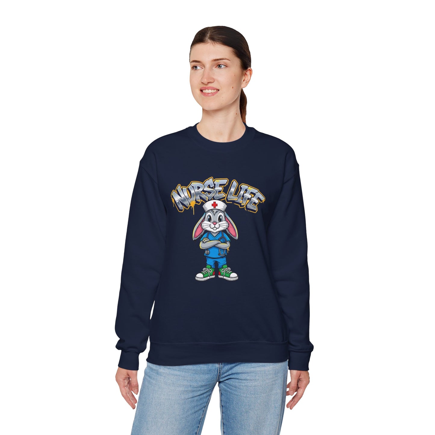 Crewneck Sweatshirt — "Nurse Life" Cute Bunny Nurse Graphic