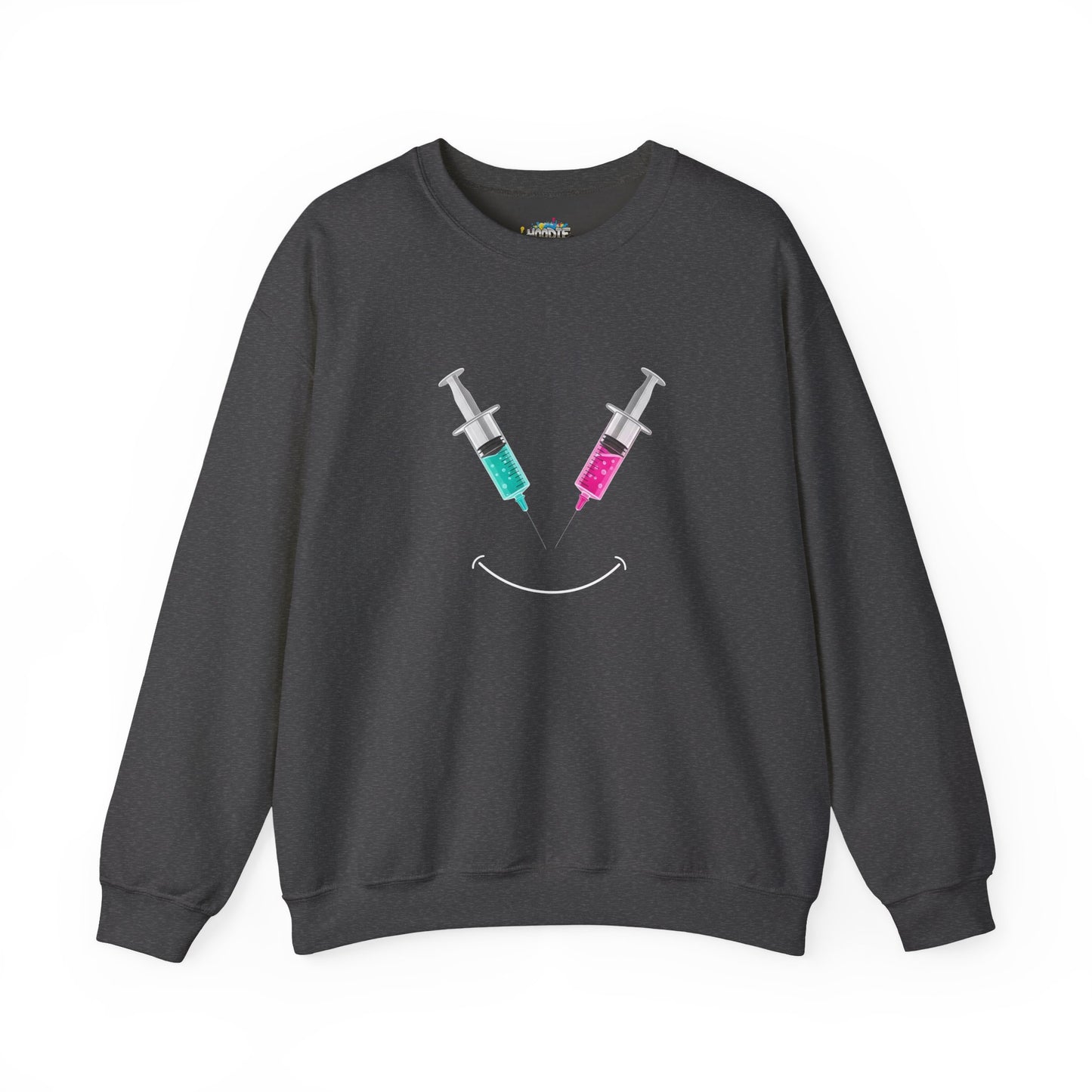 Syringe Smile Crewneck Nurse Sweatshirt - Cute Neon Vaccine Needle Design