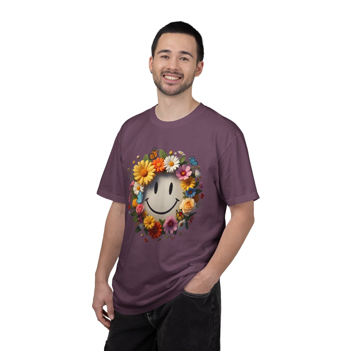 Smiley Flower Wreath T-Shirt — Floral Happy Face Graphic Tee